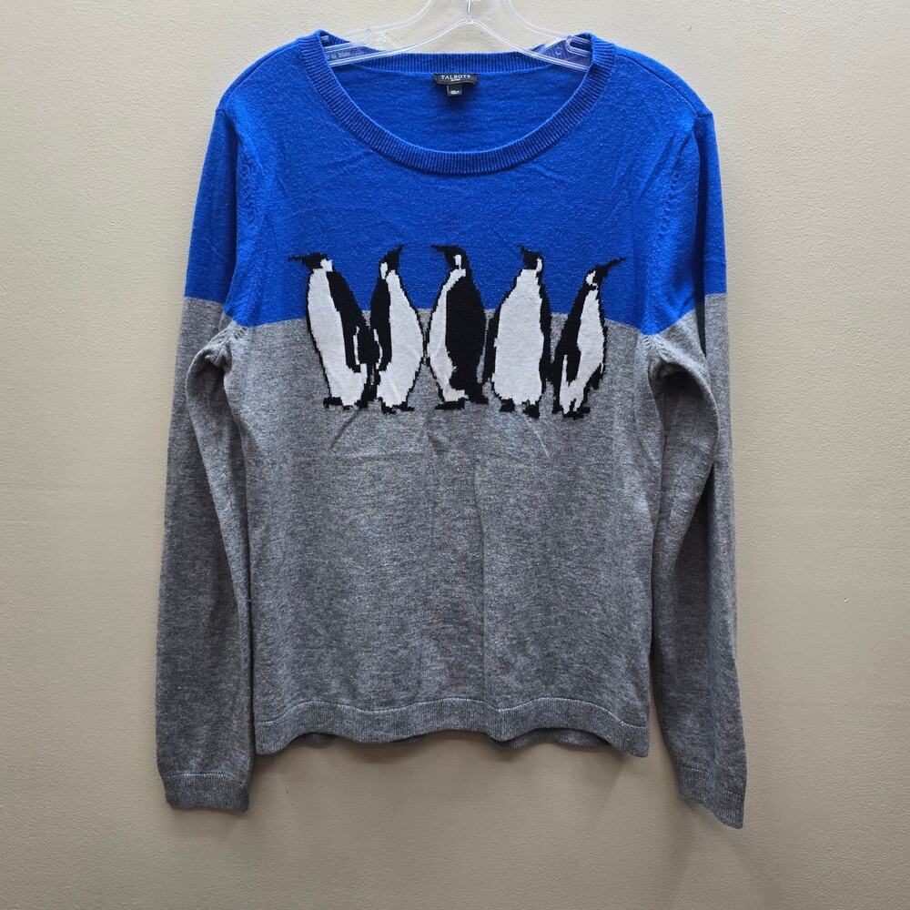 Talbots Colorblock Penguin Print Lambswool Blend Sweater Blue Gray Size XLP